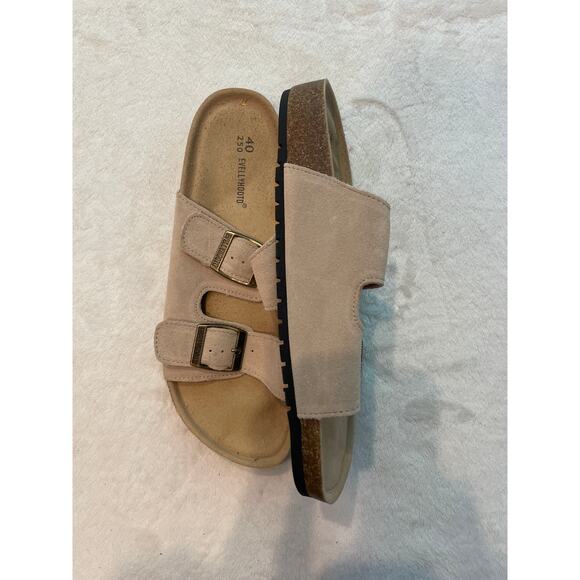 EVELLYHOOTD Dual Buckle Suede Sandals 40 Open Toe Two Straps Slides 8333 Taupe - Picture 3 of 9